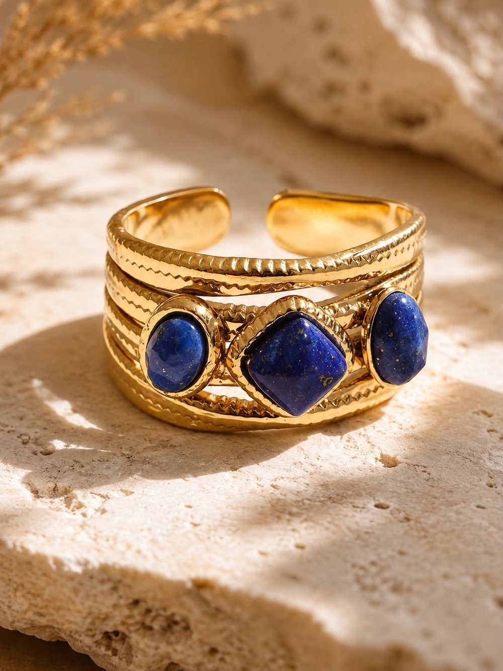 Gold Tone Open Cuff Ring with Blue Stone Trio